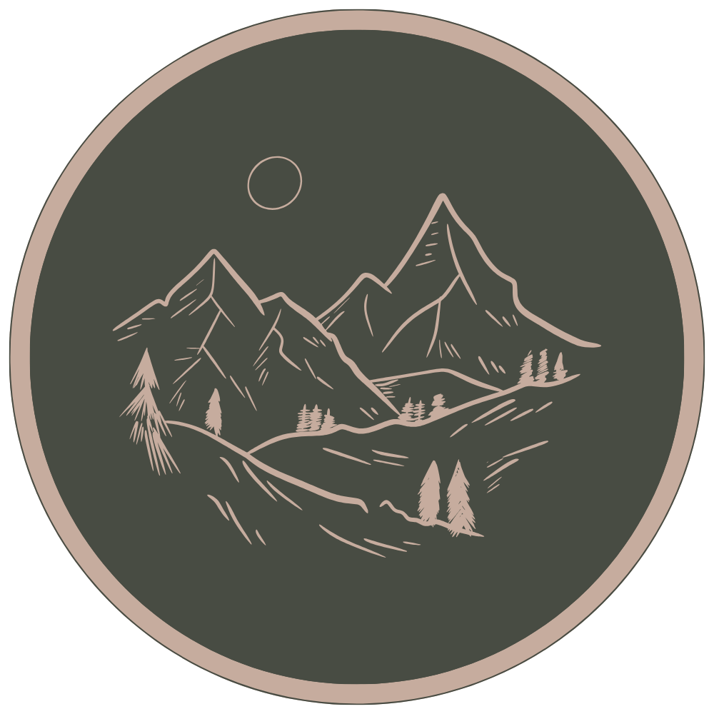 Pictogramme / badge représentant l'ancrage local en Savoie avec des montagnes et une vallée